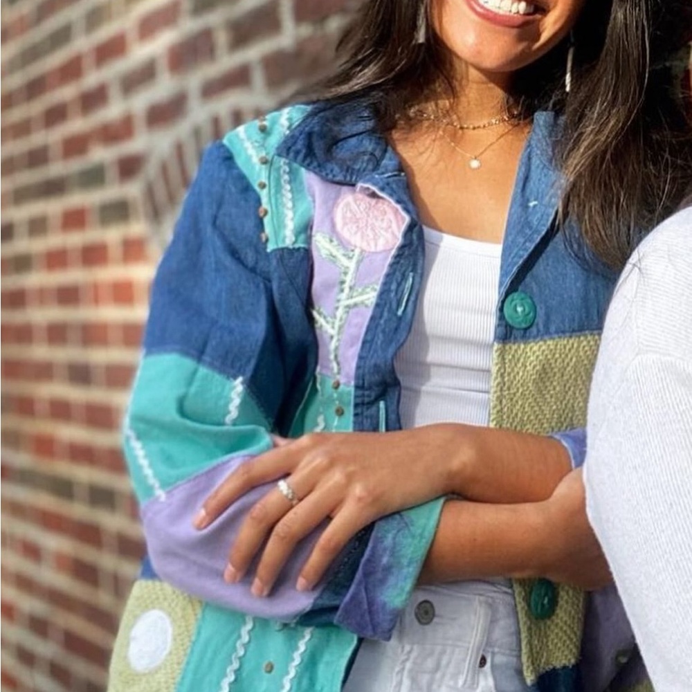 Allure Blue and Purple Jean Jacket Colorful Patchwork & Embroidered
